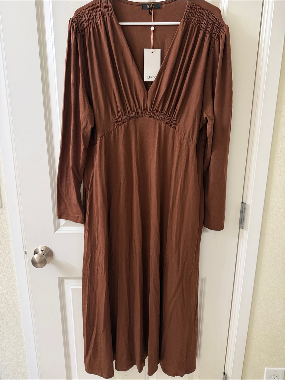 Quince Chestnut Brown Long Sleeve V-Neck Maxi Dress